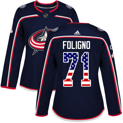Adidas Blue Jackets #71 Nick Foligno Navy Blue Home Authentic USA Flag Women's Stitched NHL Jersey - Click Image to Close